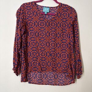 Escapada Orange Blue Scoop Neck Resortcore Coastal Chic‎ Blouse XS